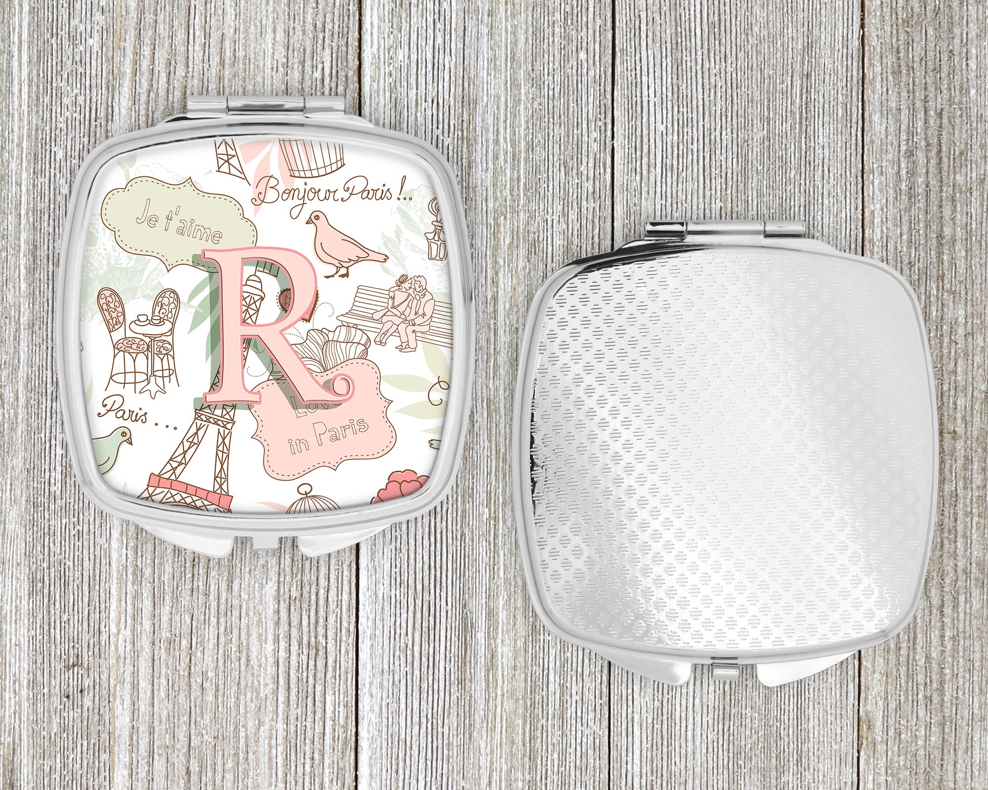 Letter R Love in Paris Pink Compact Mirror CJ2002-RSCM  the-store.com.