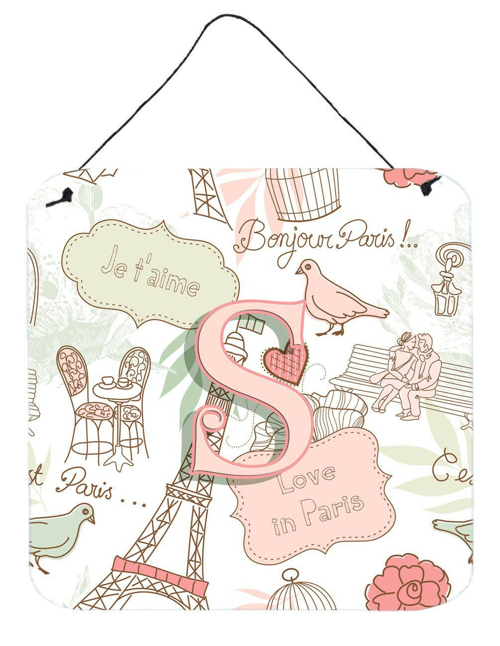 Letter S Love in Paris Pink Wall or Door Hanging Prints CJ2002-SDS66 by Caroline's Treasures