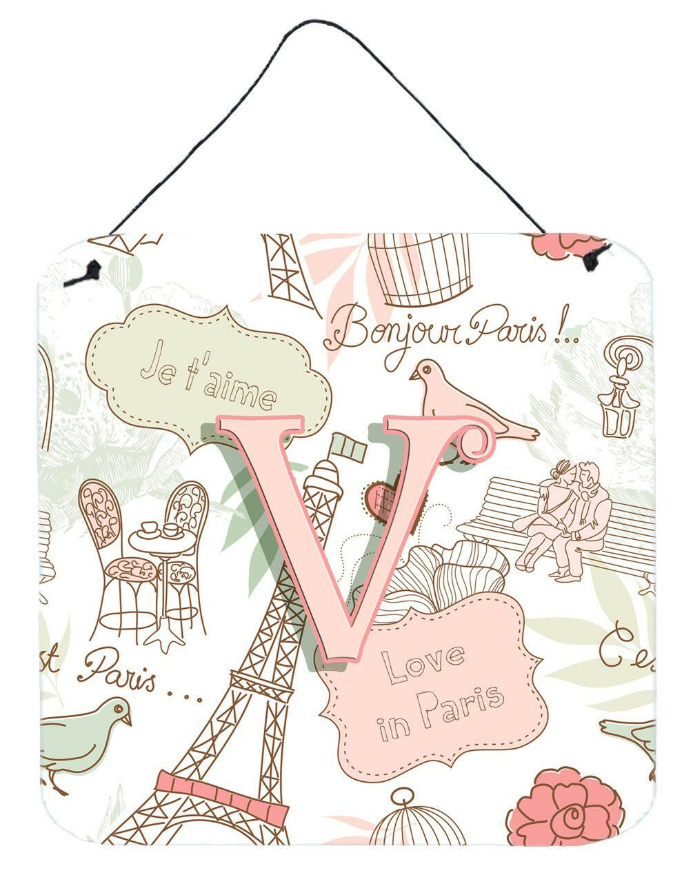 Letter V Love in Paris Pink Wall or Door Hanging Prints CJ2002-VDS66 by Caroline&#39;s Treasures