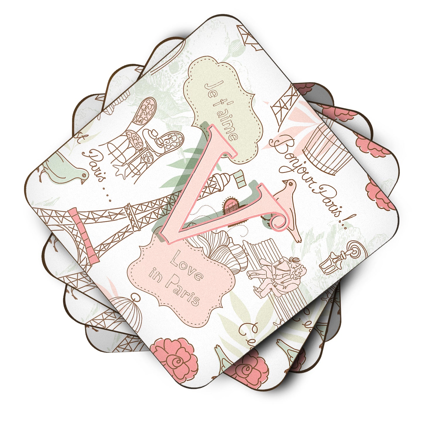 Set of 4 Letter V Love in Paris Pink Foam Coasters CJ2002-VFC - the-store.com