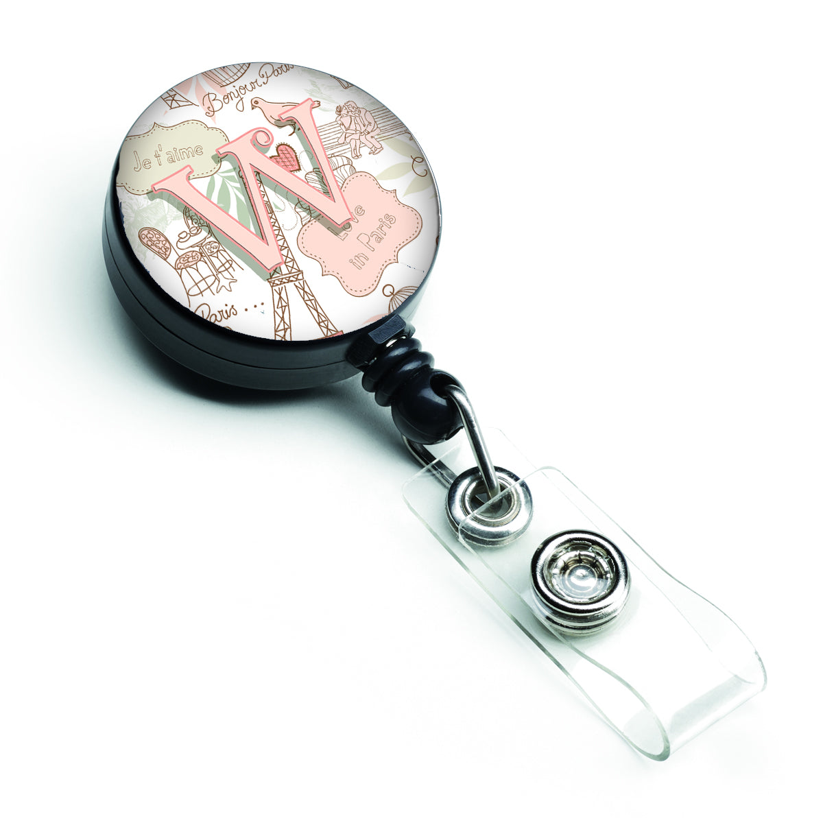 Letter W Love in Paris Pink Retractable Badge Reel CJ2002-WBR  the-store.com.