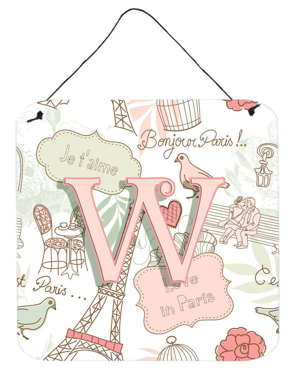 Letter W Love in Paris Pink Wall or Door Hanging Prints CJ2002-WDS66 by Caroline's Treasures