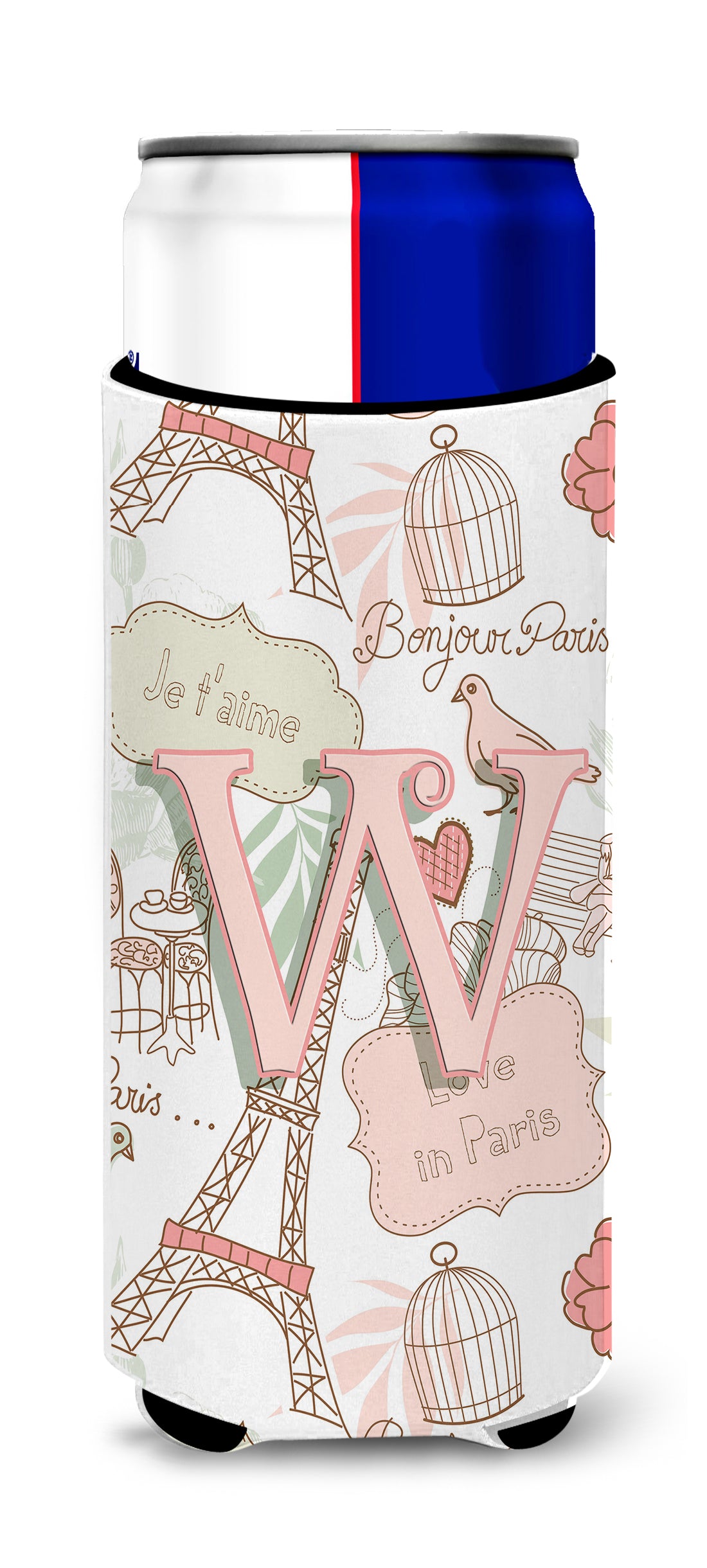 Letter W Love in Paris Pink Ultra Beverage Insulators for slim cans CJ2002-WMUK.