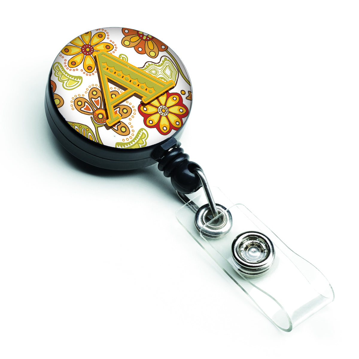 Letter A Floral Mustard and Green Retractable Badge Reel CJ2003-ABR  the-store.com.