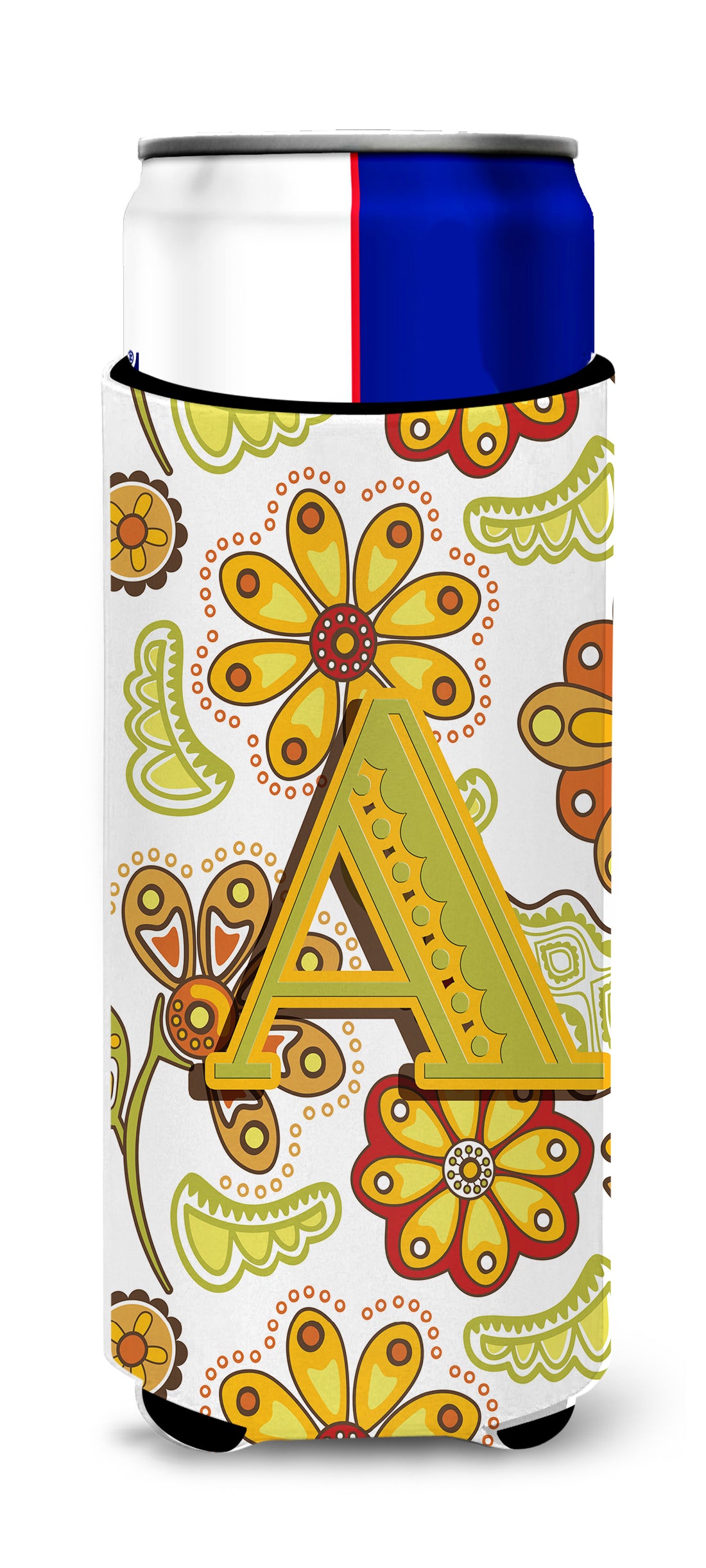 Letter A Floral Mustard and Green Ultra Beverage Insulators for slim cans CJ2003-AMUK.