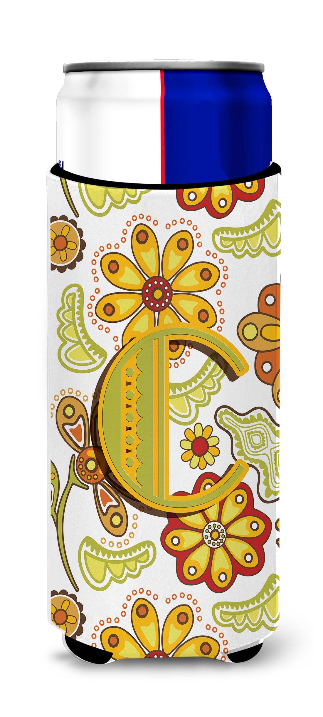 Letter C Floral Mustard and Green Ultra Beverage Insulators for slim cans CJ2003-CMUK.