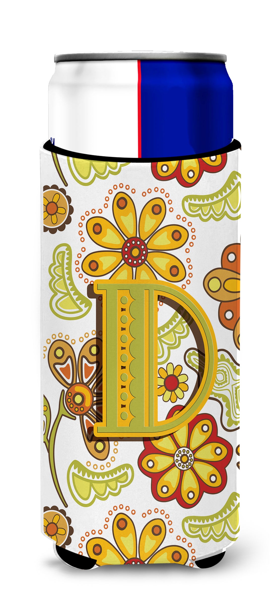 Letter D Floral Mustard and Green Ultra Beverage Insulators for slim cans CJ2003-DMUK.