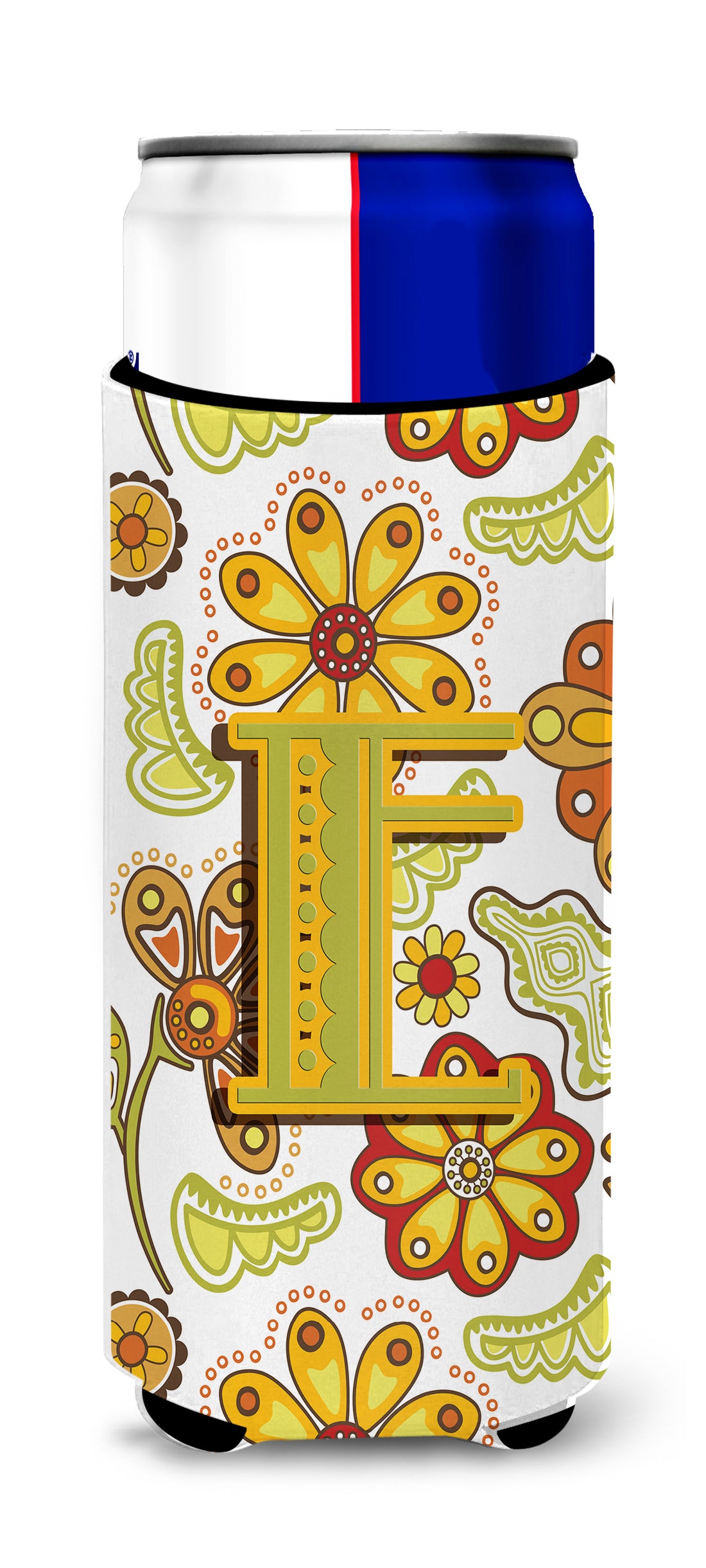 Letter E Floral Mustard and Green Ultra Beverage Insulators for slim cans CJ2003-EMUK.