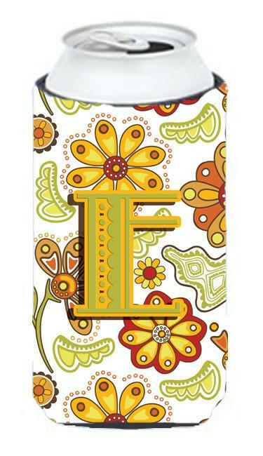 Letter E Floral Mustard and Green Tall Boy Beverage Insulator Hugger CJ2003-ETBC by Caroline's Treasures