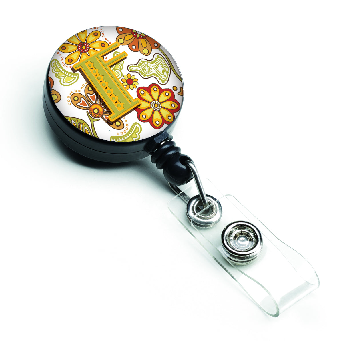 Letter F Floral Mustard and Green Retractable Badge Reel CJ2003-FBR  the-store.com.