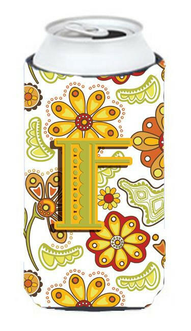 Letter F Floral Mustard and Green Tall Boy Beverage Insulator Hugger CJ2003-FTBC by Caroline's Treasures