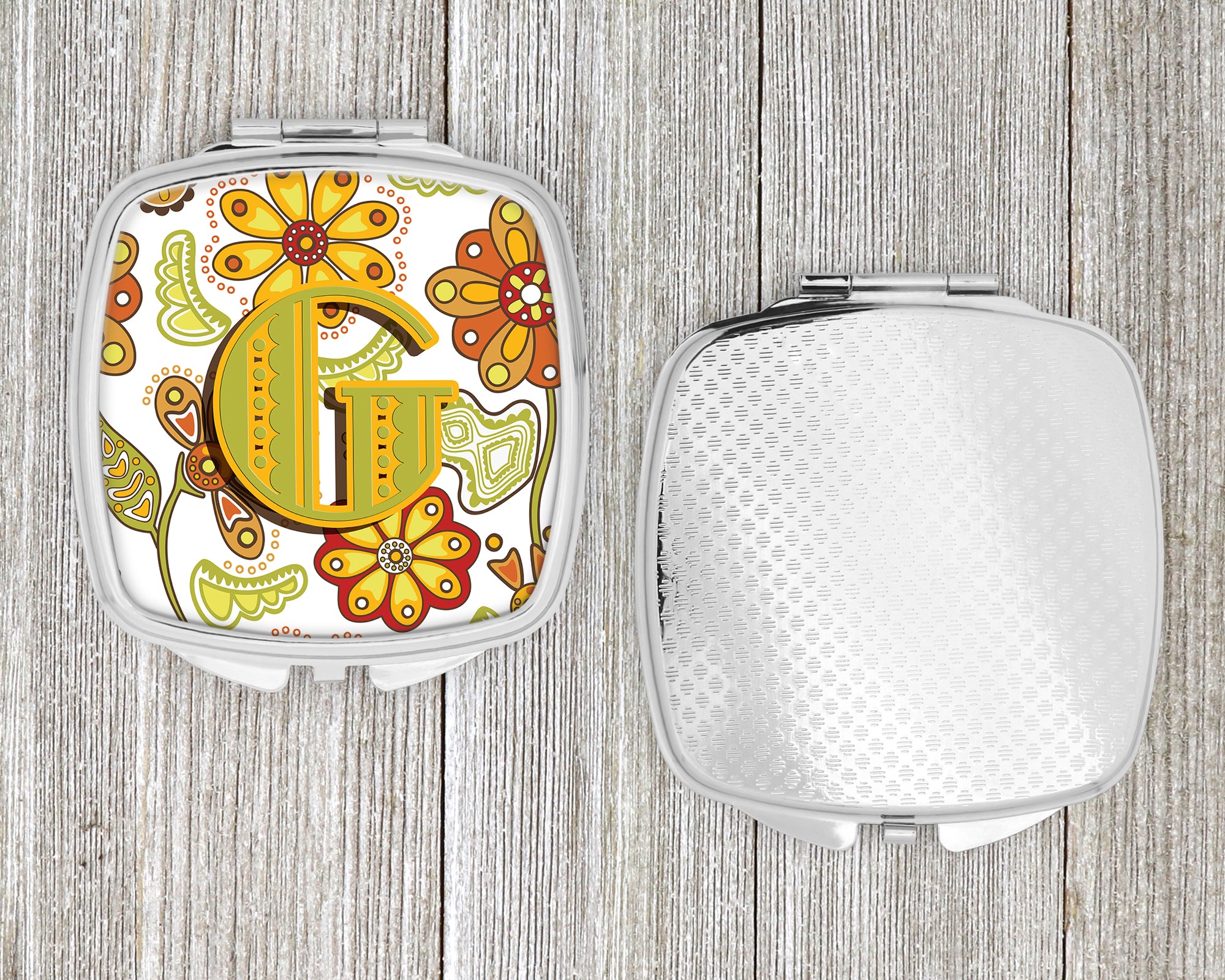 Letter G Floral Mustard and Green Compact Mirror CJ2003-GSCM  the-store.com.