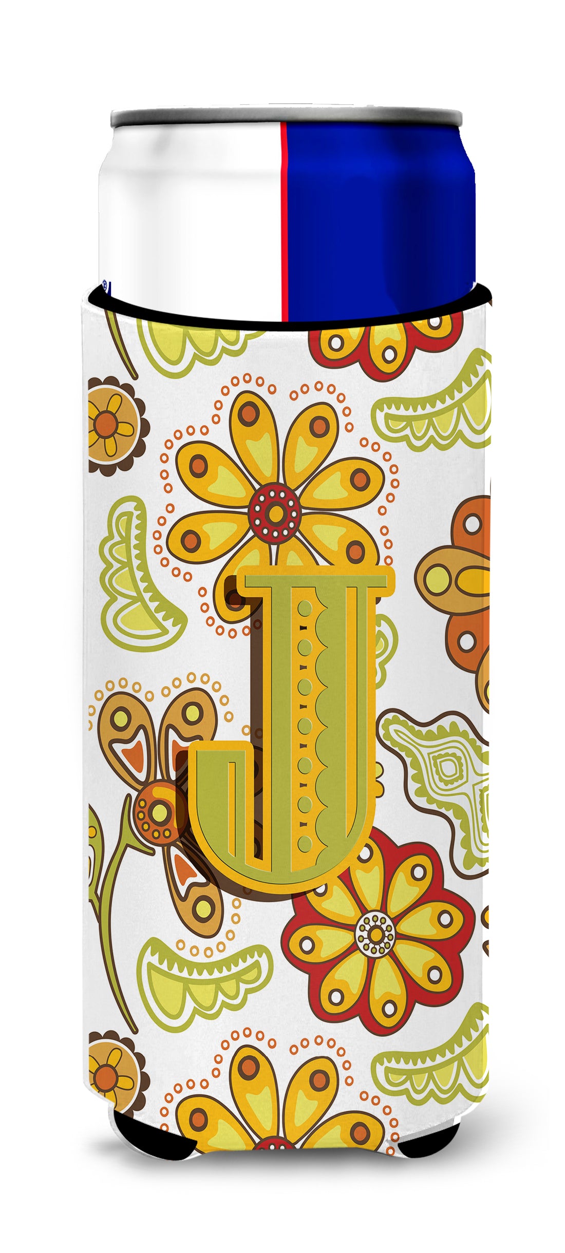 Letter J Floral Mustard and Green Ultra Beverage Insulators for slim cans CJ2003-JMUK.