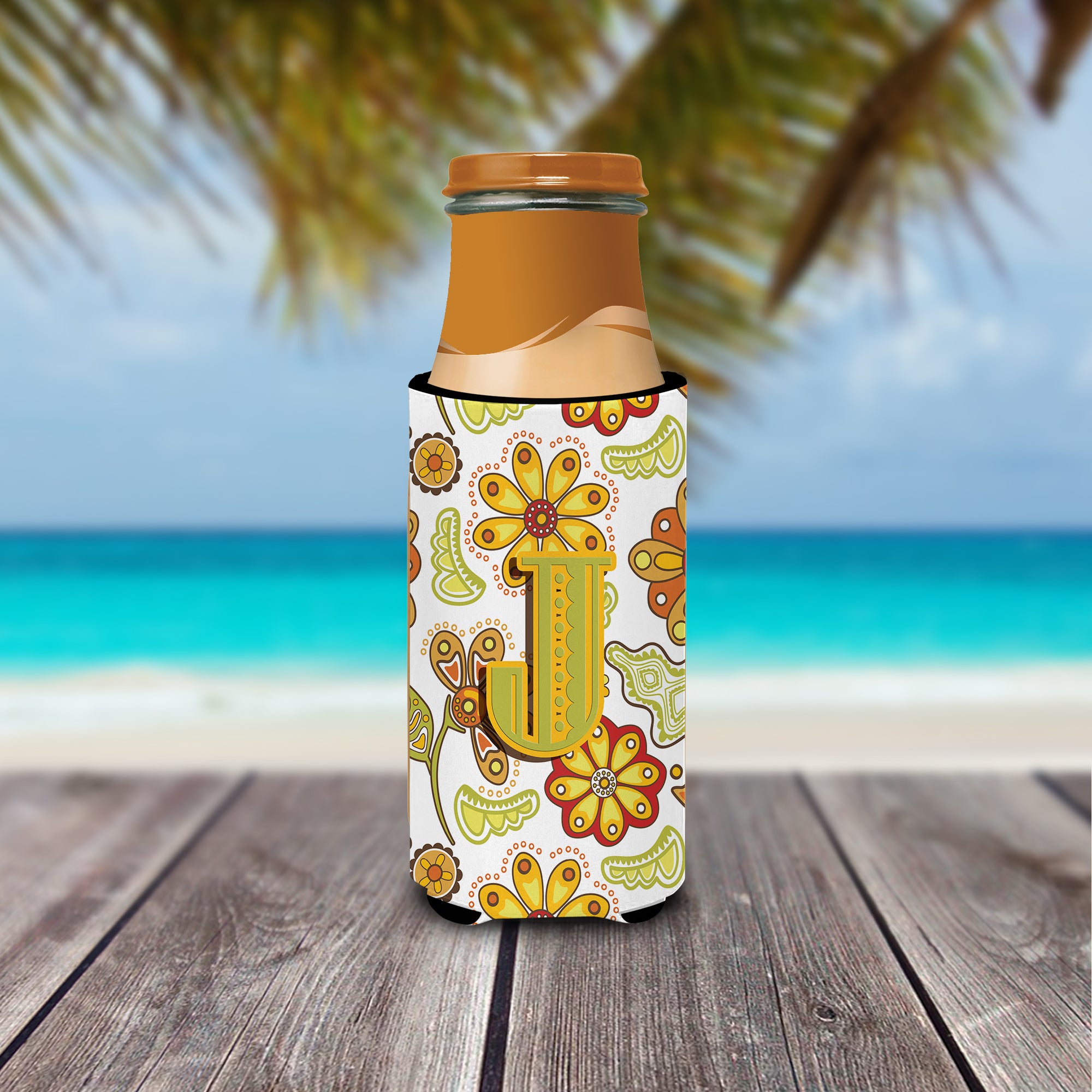 Letter J Floral Mustard and Green Ultra Beverage Insulators for slim cans CJ2003-JMUK.