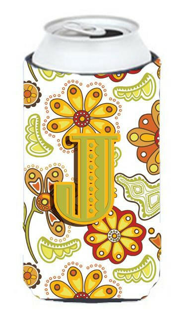 Letter J Floral Mustard and Green Tall Boy Beverage Insulator Hugger CJ2003-JTBC by Caroline's Treasures