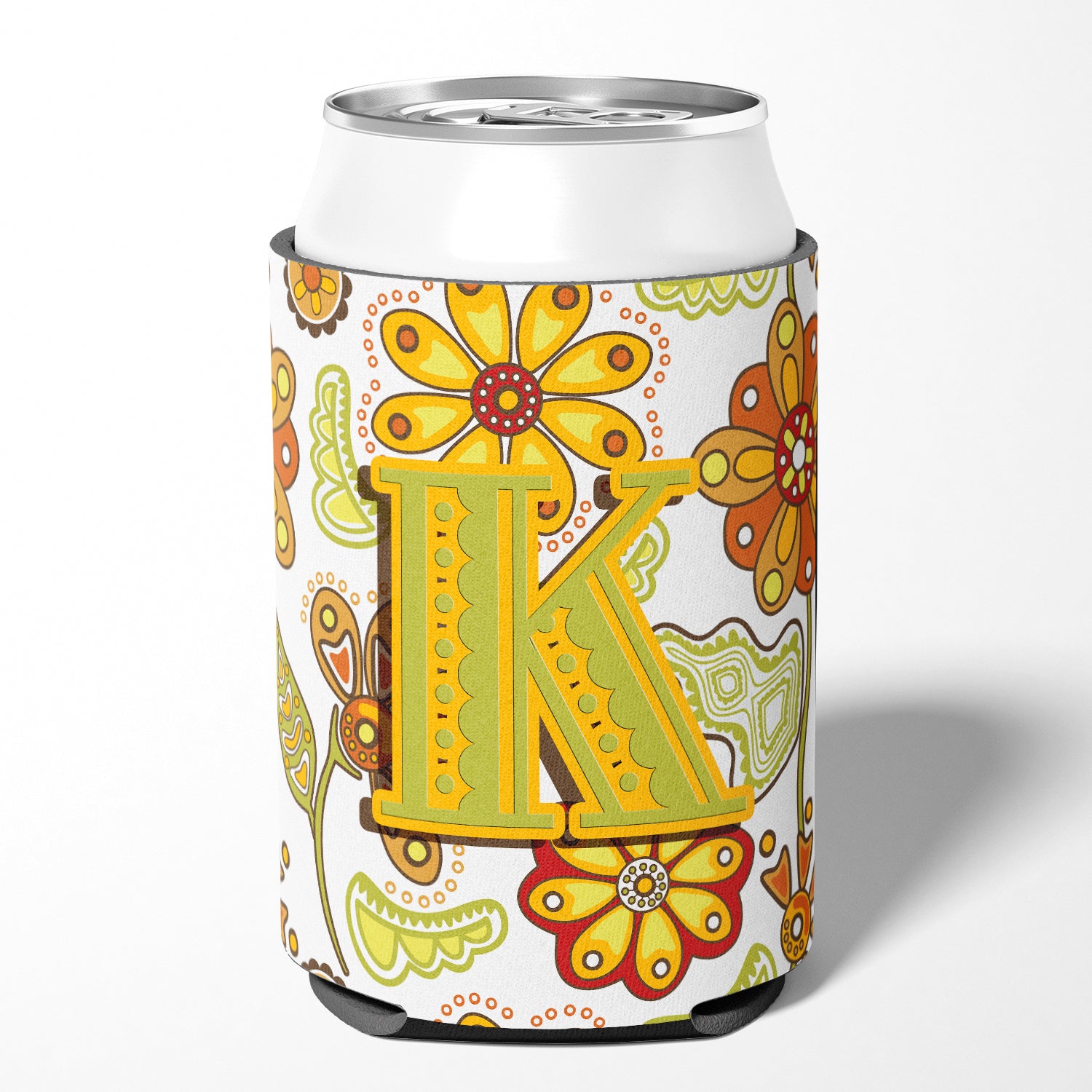 Letter K Floral Mustard and Green Can or Bottle Hugger CJ2003-KCC.