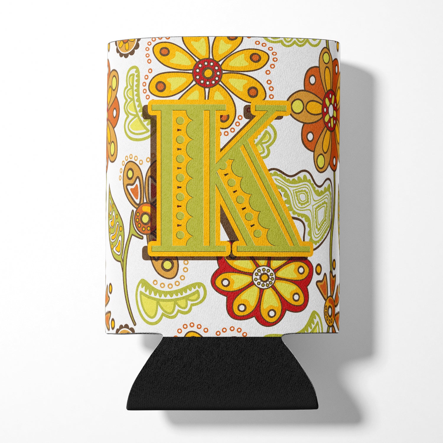 Letter K Floral Mustard and Green Can or Bottle Hugger CJ2003-KCC.