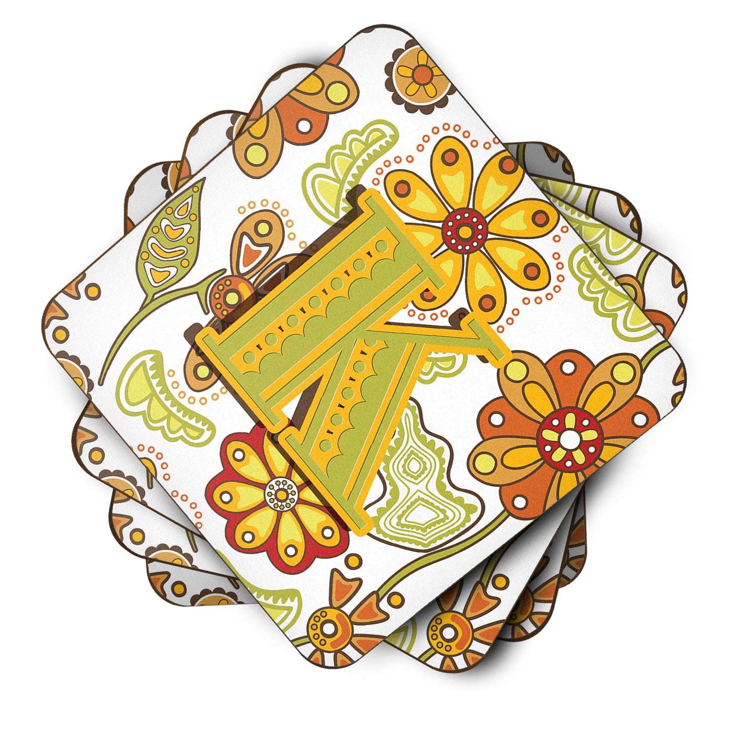 Set of 4 Letter K Floral Mustard and Green Foam Coasters CJ2003-KFC - the-store.com