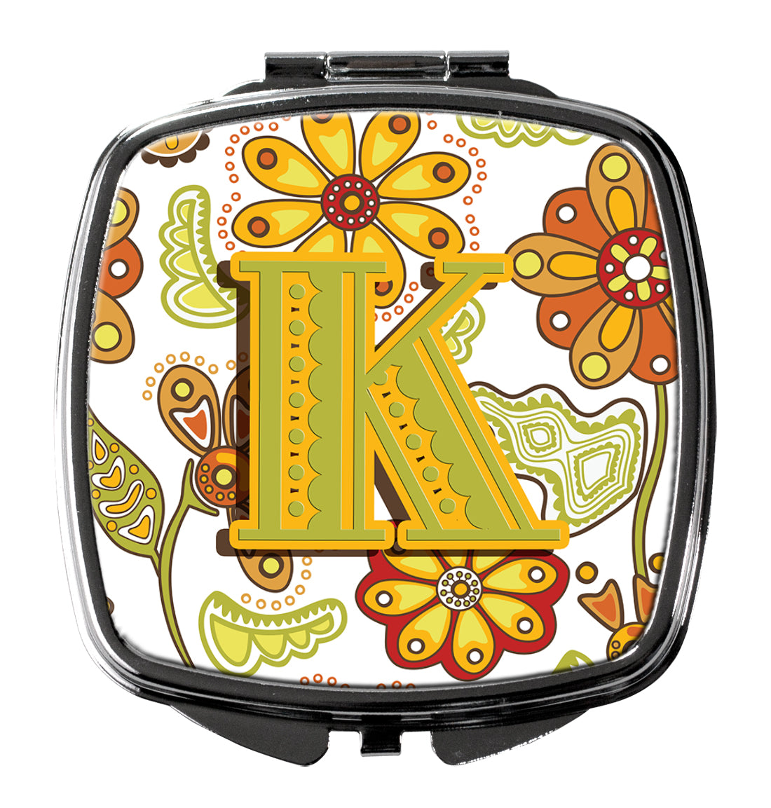 Letter K Floral Mustard and Green Compact Mirror CJ2003-KSCM  the-store.com.