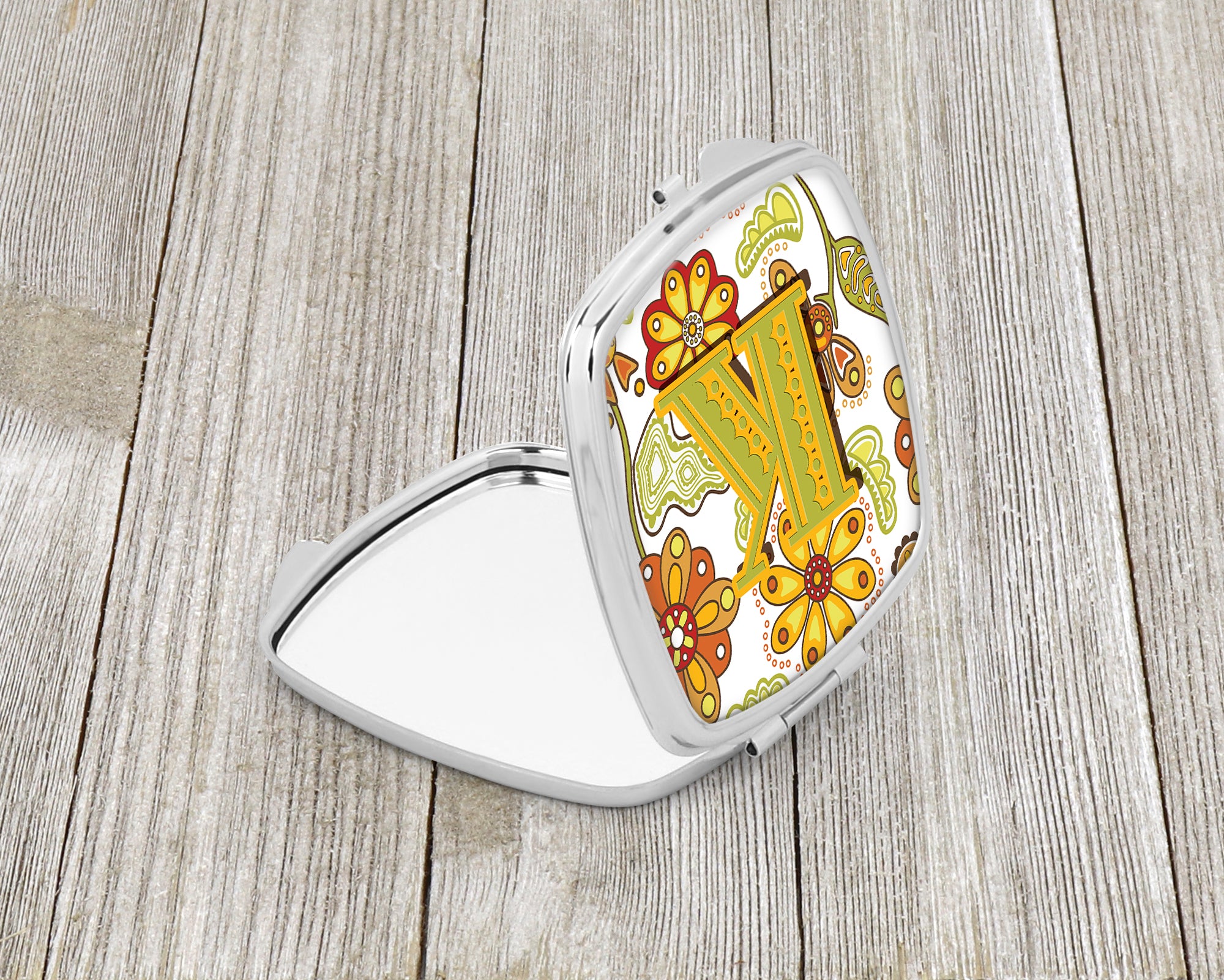 Letter K Floral Mustard and Green Compact Mirror CJ2003-KSCM  the-store.com.