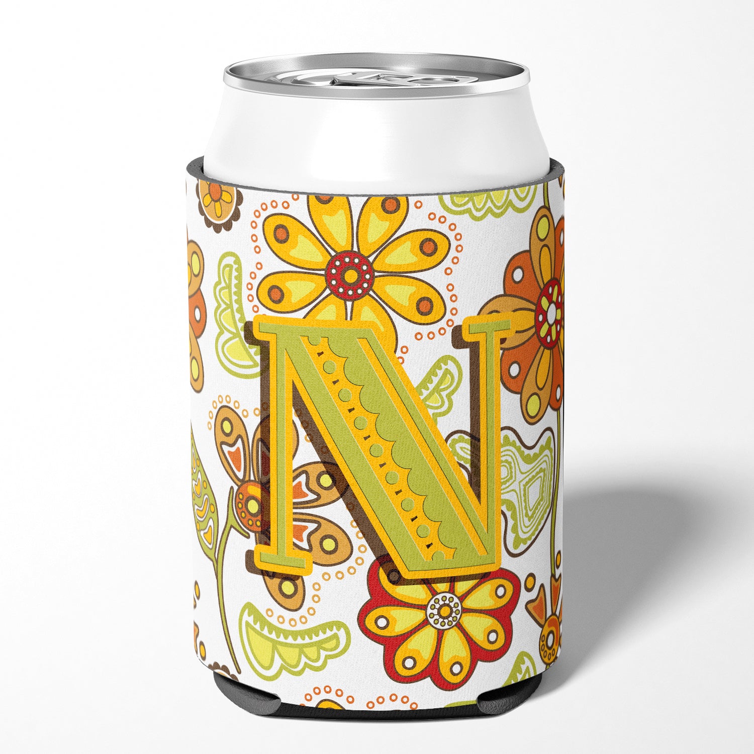 Letter N Floral Mustard and Green Can or Bottle Hugger CJ2003-NCC.