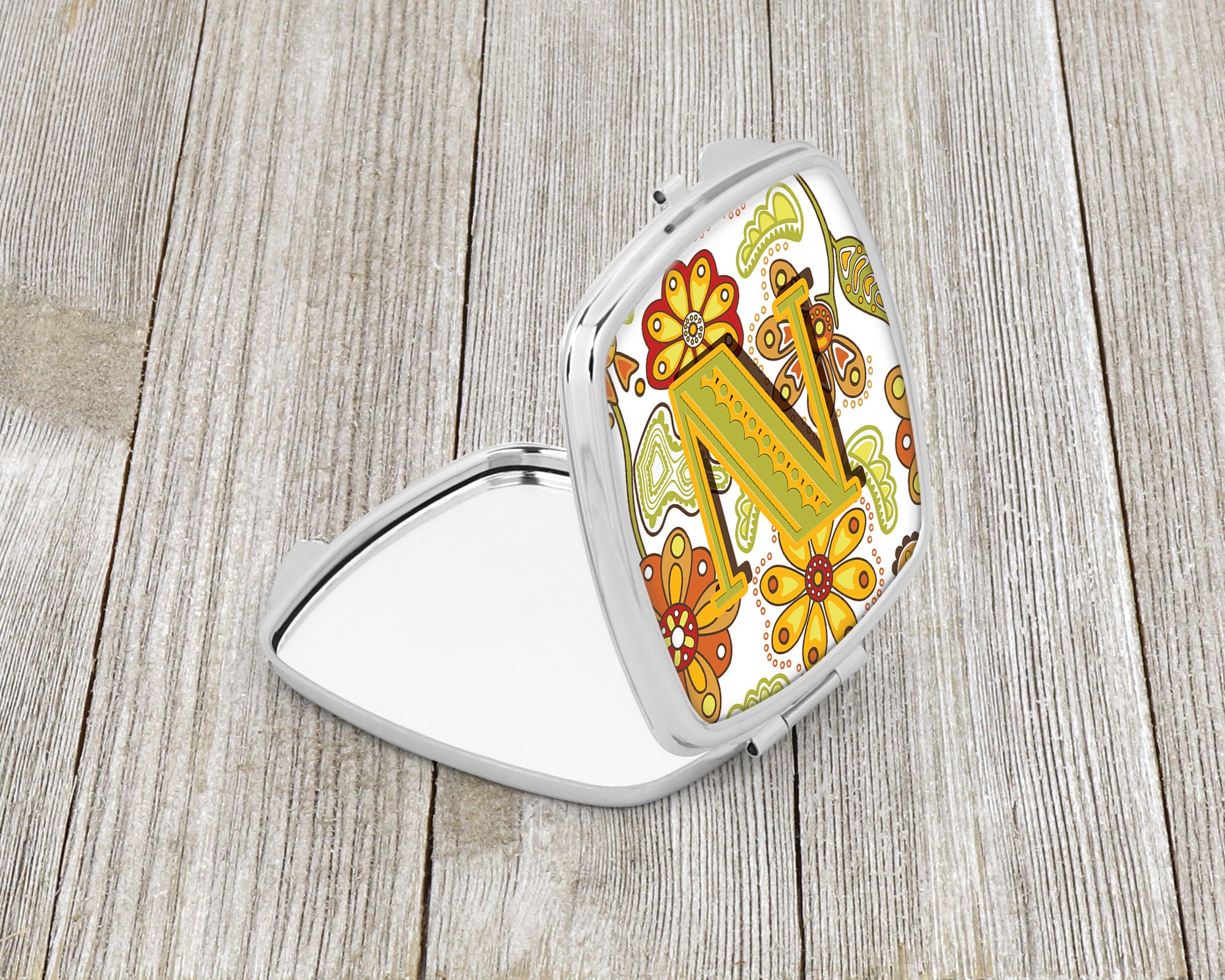 Letter N Floral Mustard and Green Compact Mirror CJ2003-NSCM  the-store.com.