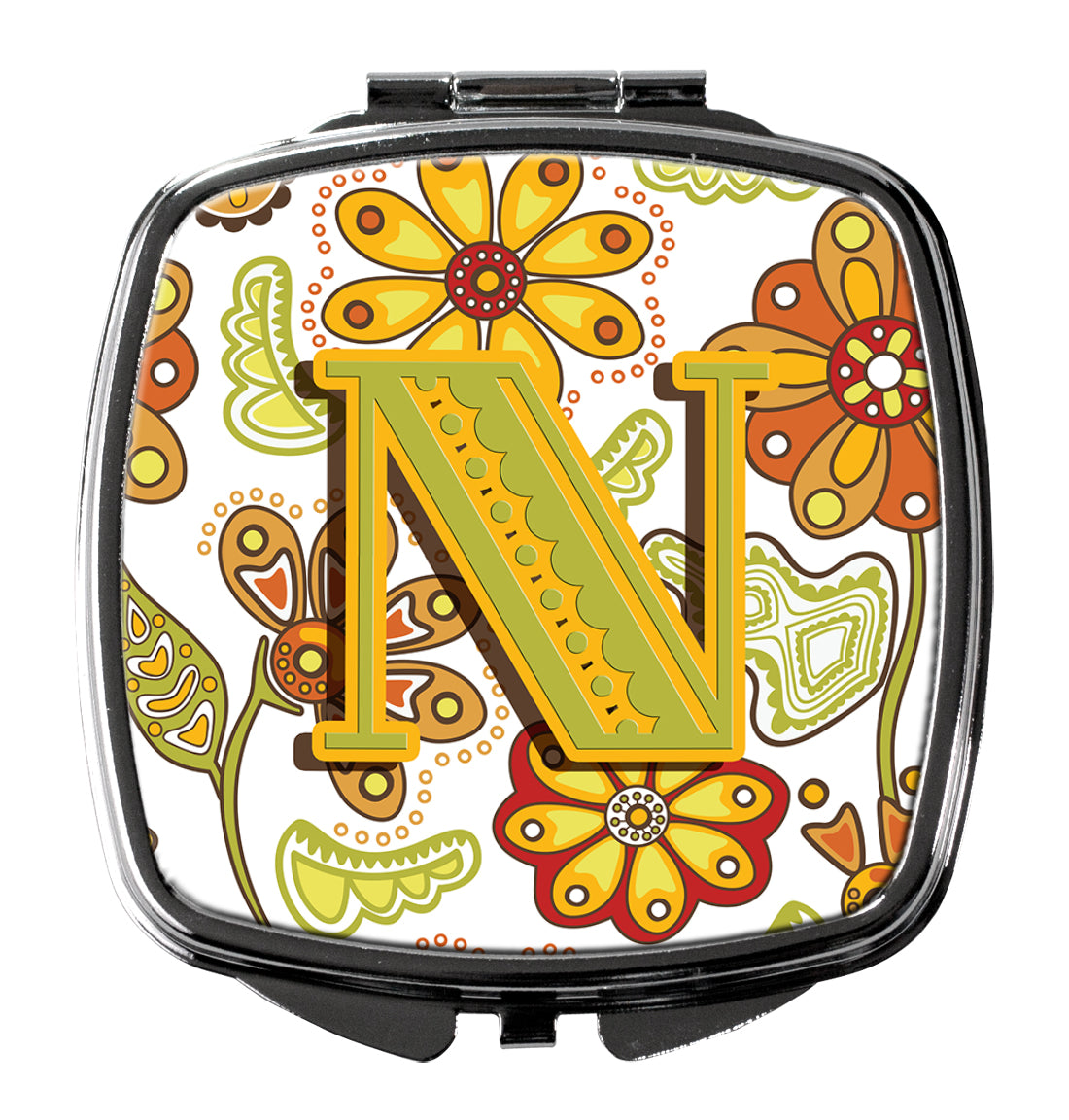 Letter N Floral Mustard and Green Compact Mirror CJ2003-NSCM  the-store.com.