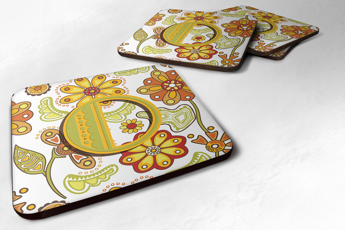 Set of 4 Letter O Floral Mustard and Green Foam Coasters CJ2003-OFC - the-store.com