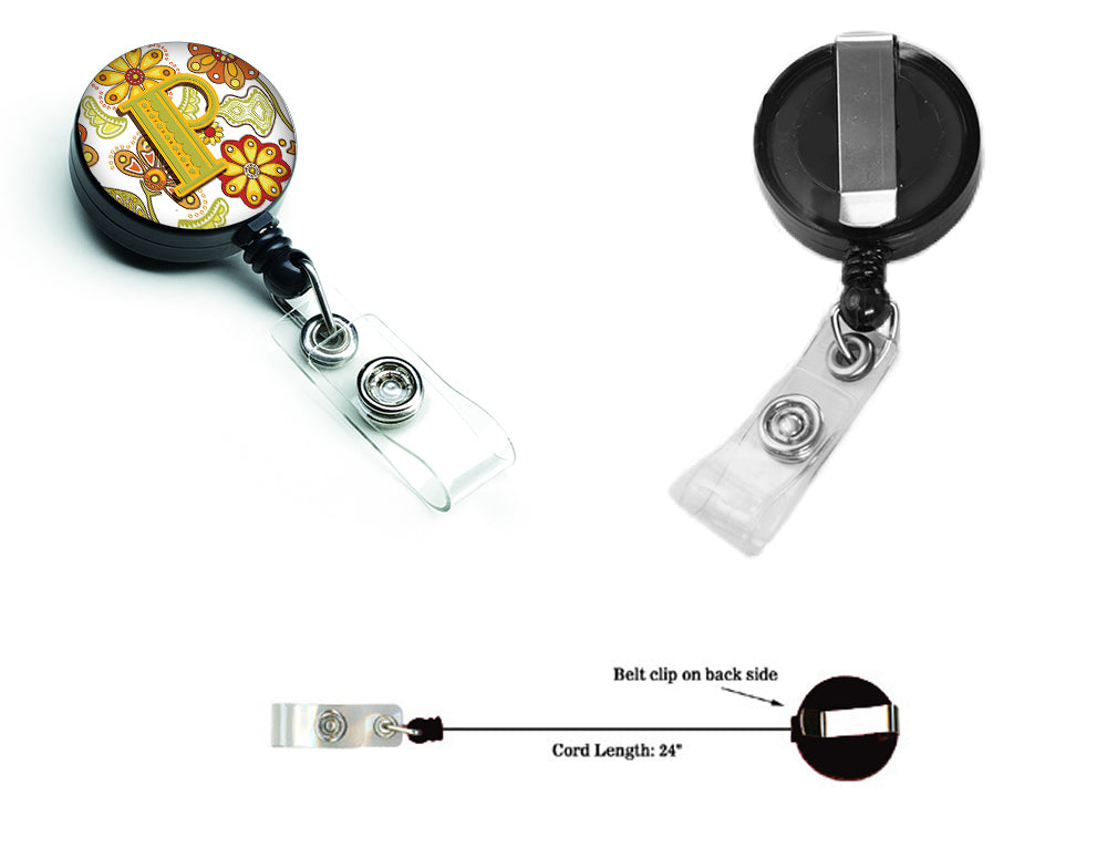 Letter P Floral Mustard and Green Retractable Badge Reel CJ2003-PBR  the-store.com.