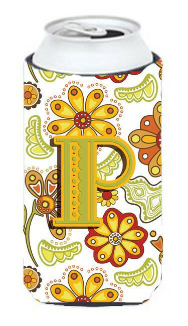 Letter P Floral Mustard and Green Tall Boy Beverage Insulator Hugger CJ2003-PTBC by Caroline's Treasures