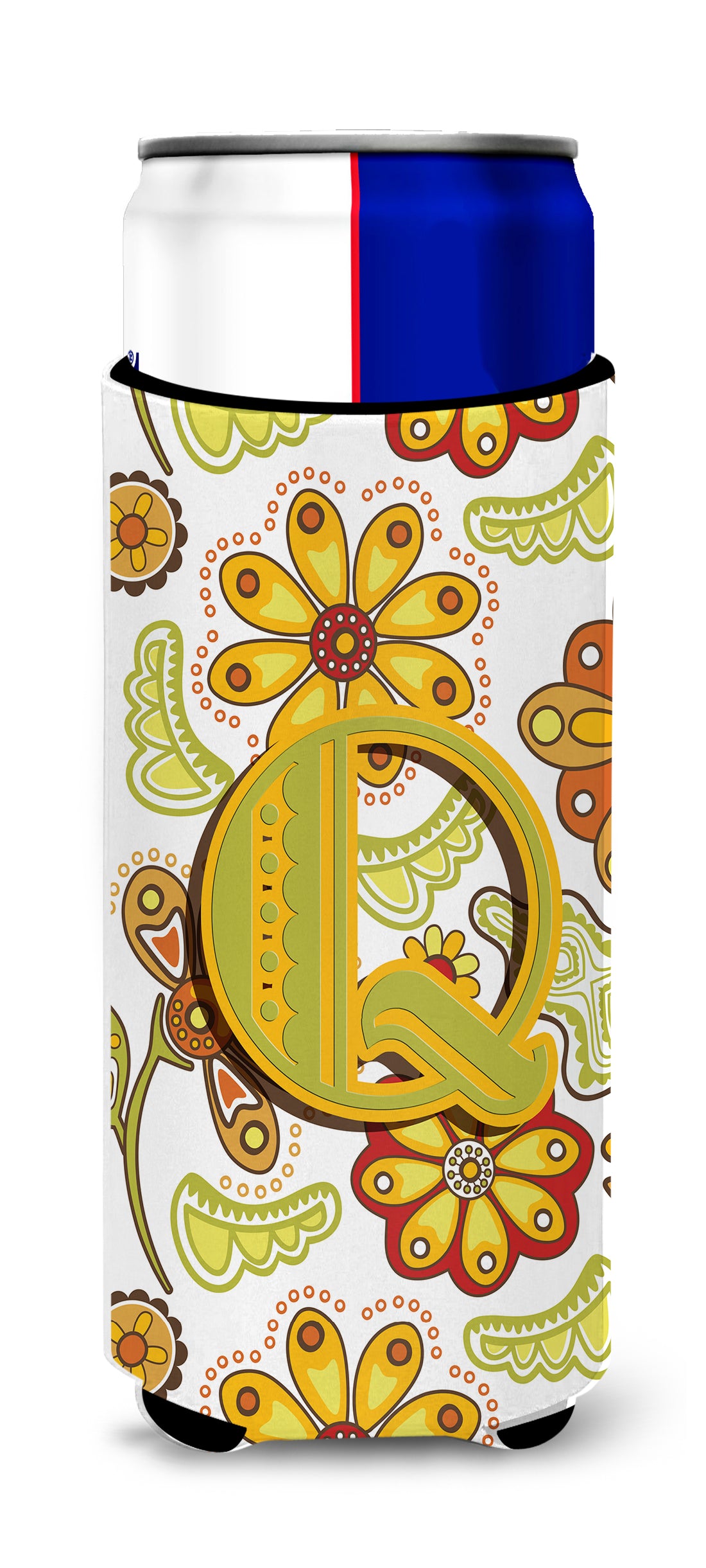 Letter Q Floral Mustard and Green Ultra Beverage Insulators for slim cans CJ2003-QMUK.