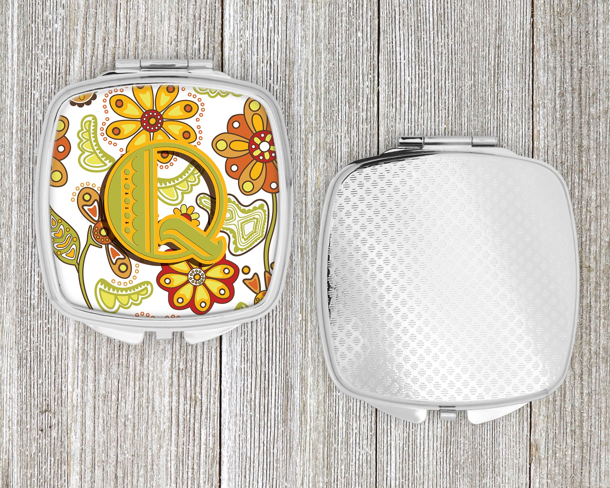 Letter Q Floral Mustard and Green Compact Mirror CJ2003-QSCM  the-store.com.