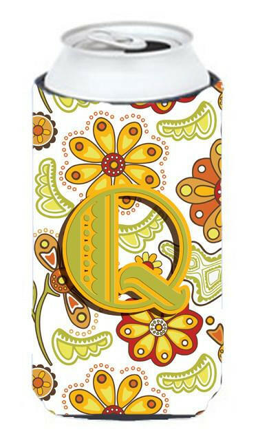 Letter Q Floral Mustard and Green Tall Boy Beverage Insulator Hugger CJ2003-QTBC by Caroline's Treasures