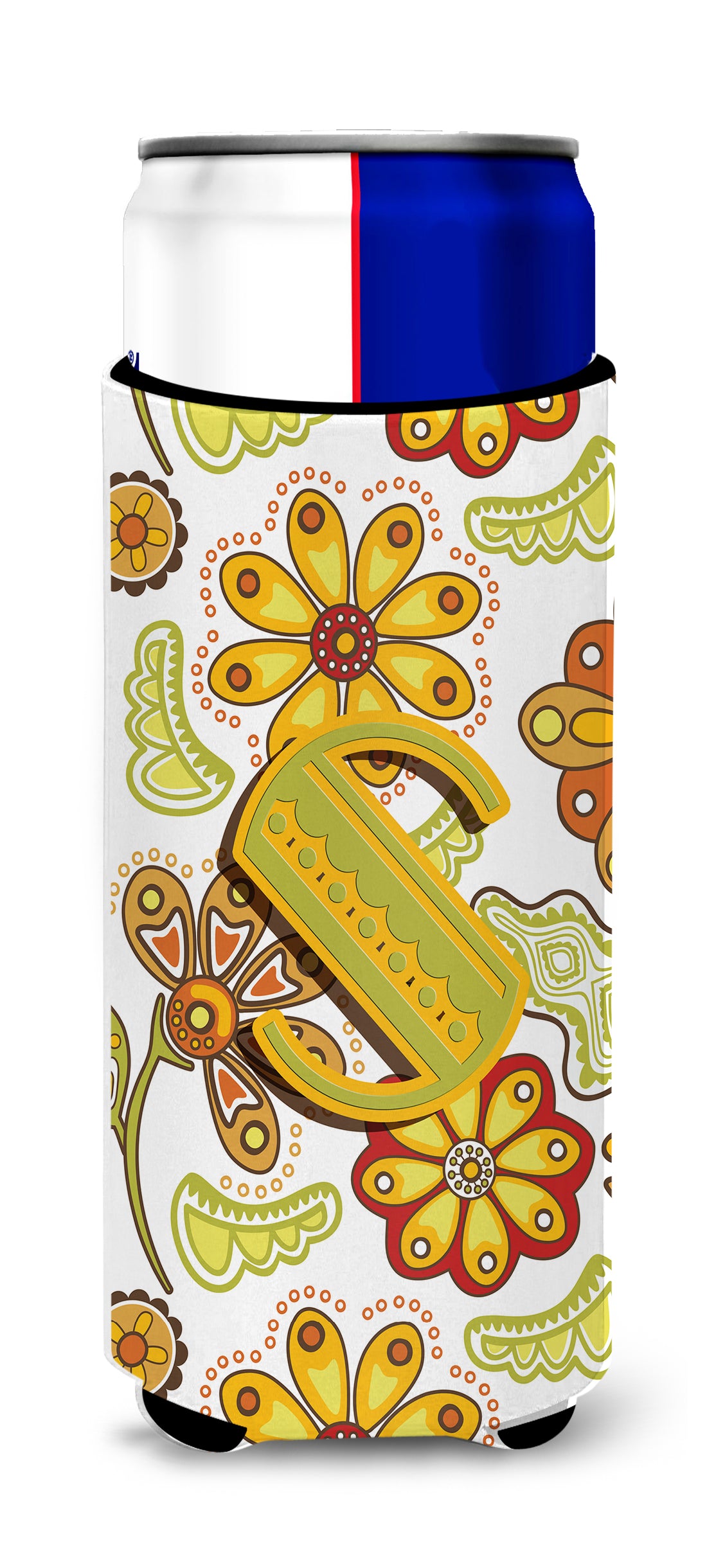 Letter S Floral Mustard and Green Ultra Beverage Insulators for slim cans CJ2003-SMUK.