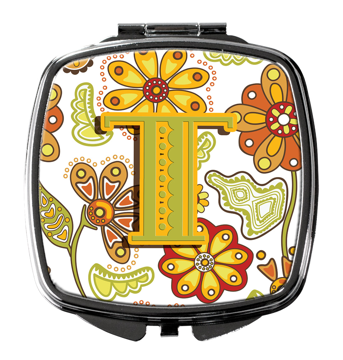 Letter T Floral Mustard and Green Compact Mirror CJ2003-TSCM  the-store.com.