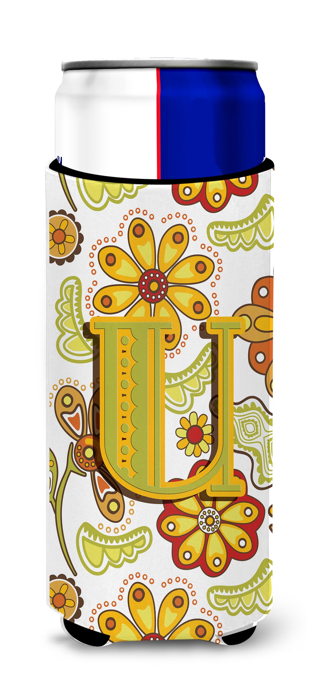 Letter U Floral Mustard and Green Ultra Beverage Insulators for slim cans CJ2003-UMUK.