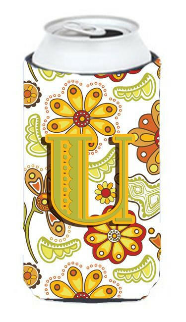 Letter U Floral Mustard and Green Tall Boy Beverage Insulator Hugger CJ2003-UTBC by Caroline's Treasures