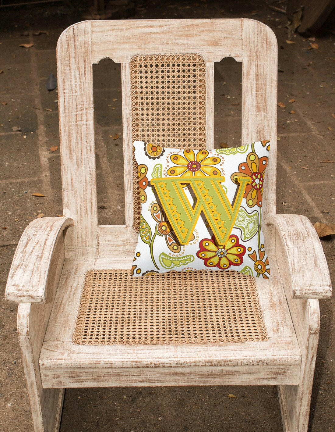 Letter W Floral Mustard and Green Canvas Fabric Decorative Pillow CJ2003-WPW1414 by Caroline's Treasures