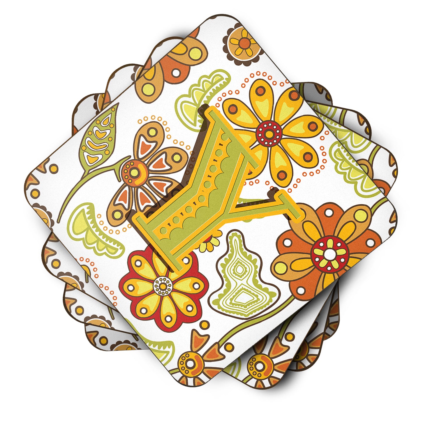 Set of 4 Letter Y Floral Mustard and Green Foam Coasters CJ2003-YFC - the-store.com