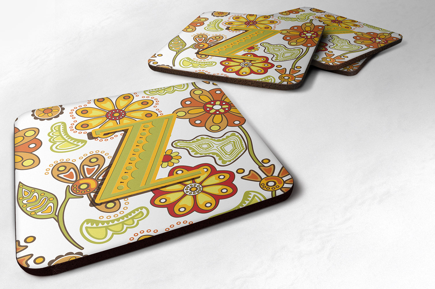 Set of 4 Letter Z Floral Mustard and Green Foam Coasters CJ2003-ZFC - the-store.com