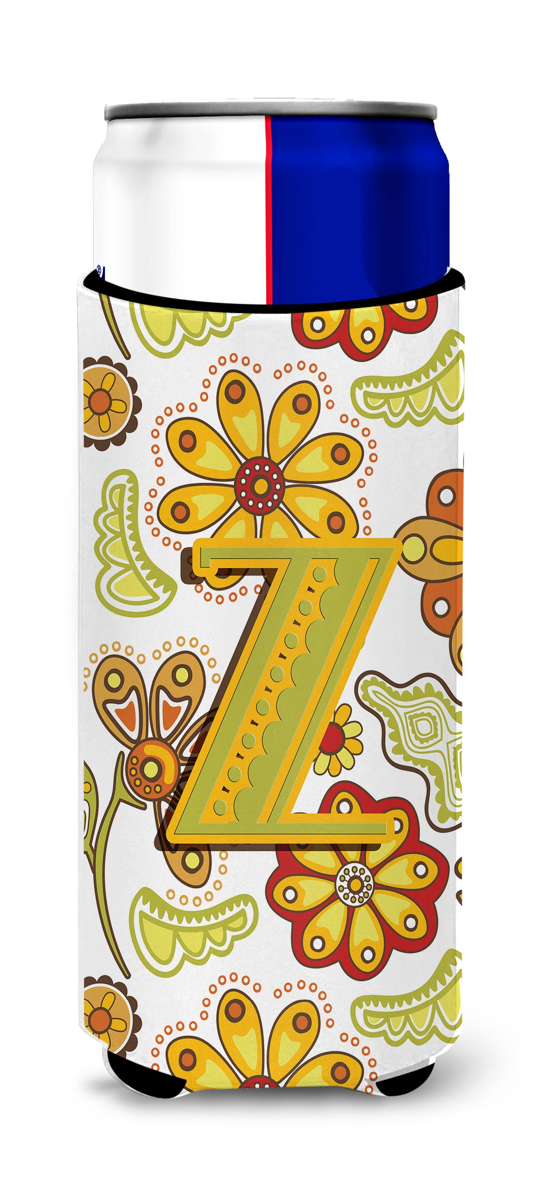 Letter Z Floral Mustard and Green Ultra Beverage Insulators for slim cans CJ2003-ZMUK.