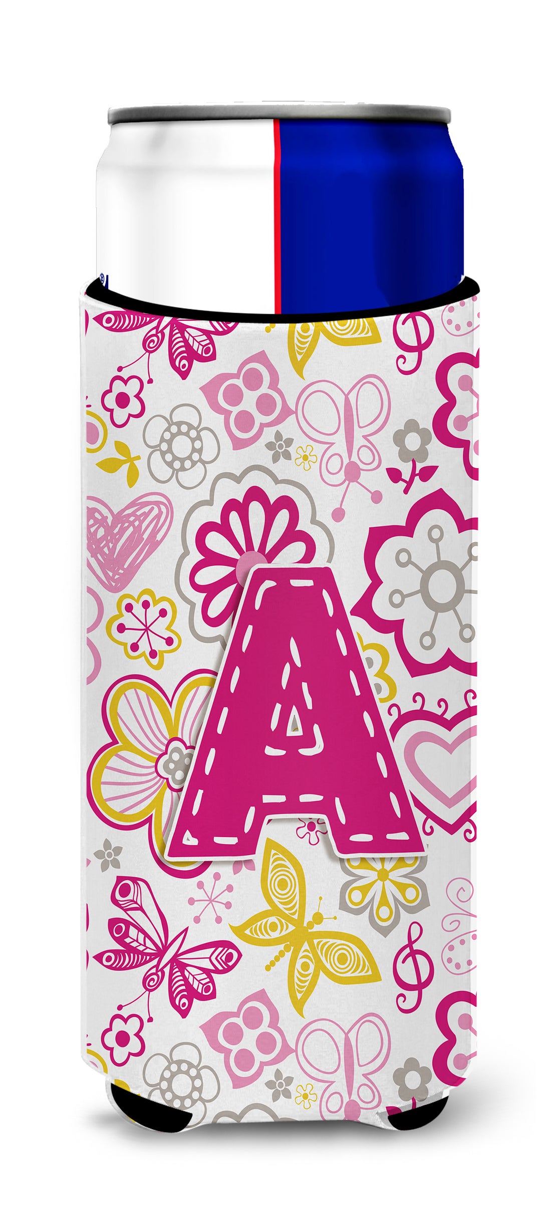 Letter A Flowers and Butterflies Pink Ultra Beverage Insulators for slim cans CJ2005-AMUK.