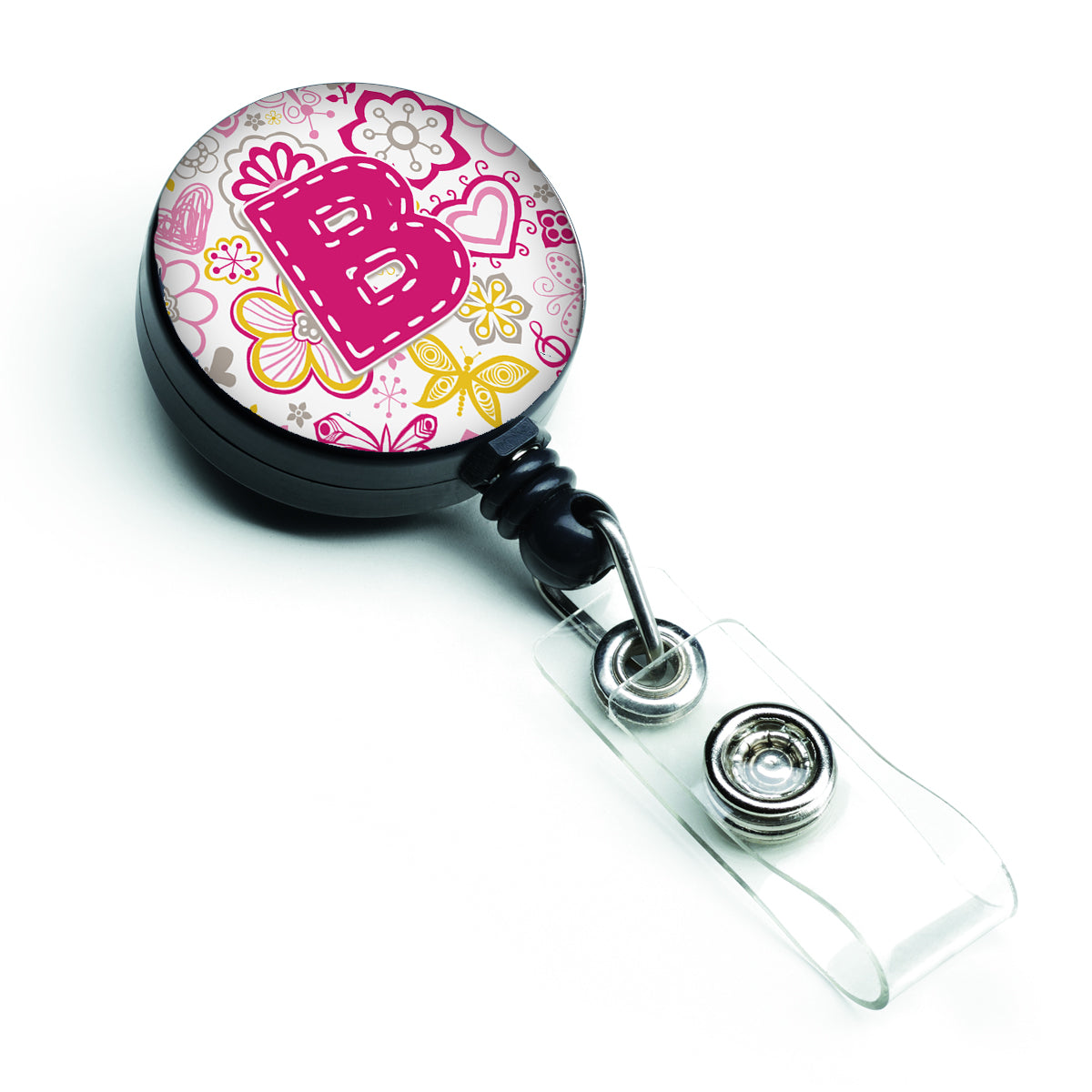 Letter B Flowers and Butterflies Pink Retractable Badge Reel CJ2005-BBR  the-store.com.