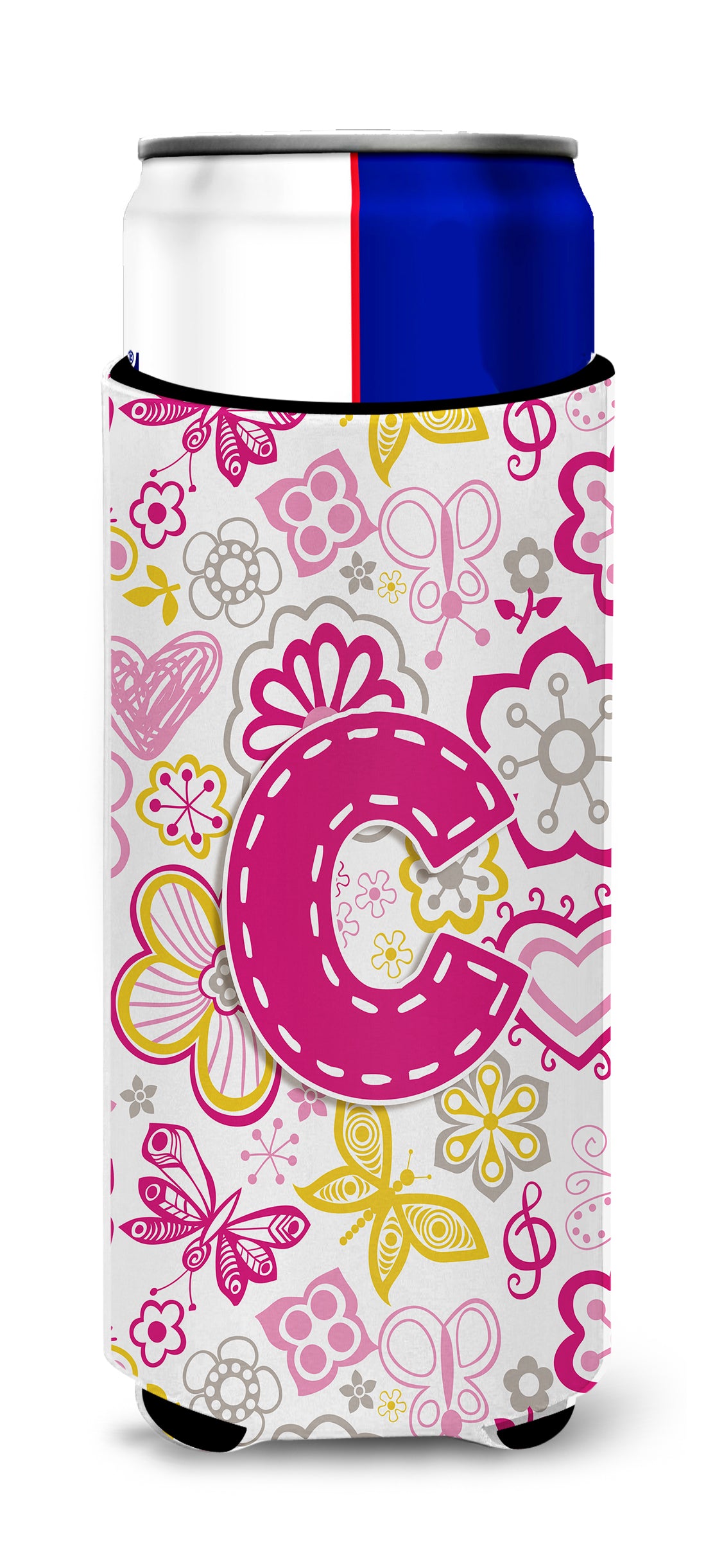 Letter C Flowers and Butterflies Pink Ultra Beverage Insulators for slim cans CJ2005-CMUK.