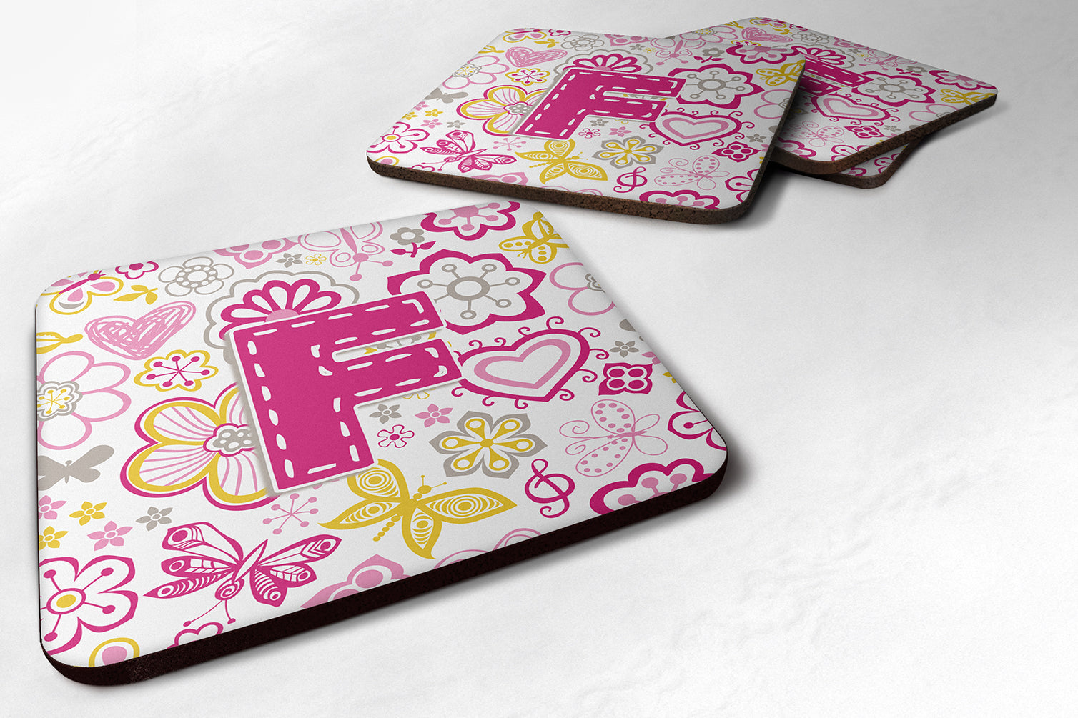 Set of 4 Letter F Flowers and Butterflies Pink Foam Coasters CJ2005-FFC - the-store.com