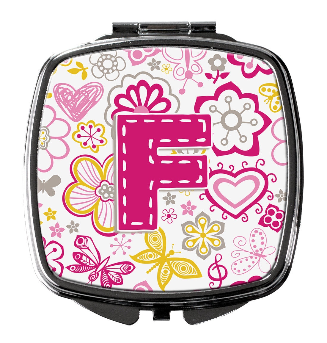 Letter F Flowers and Butterflies Pink Compact Mirror CJ2005-FSCM  the-store.com.