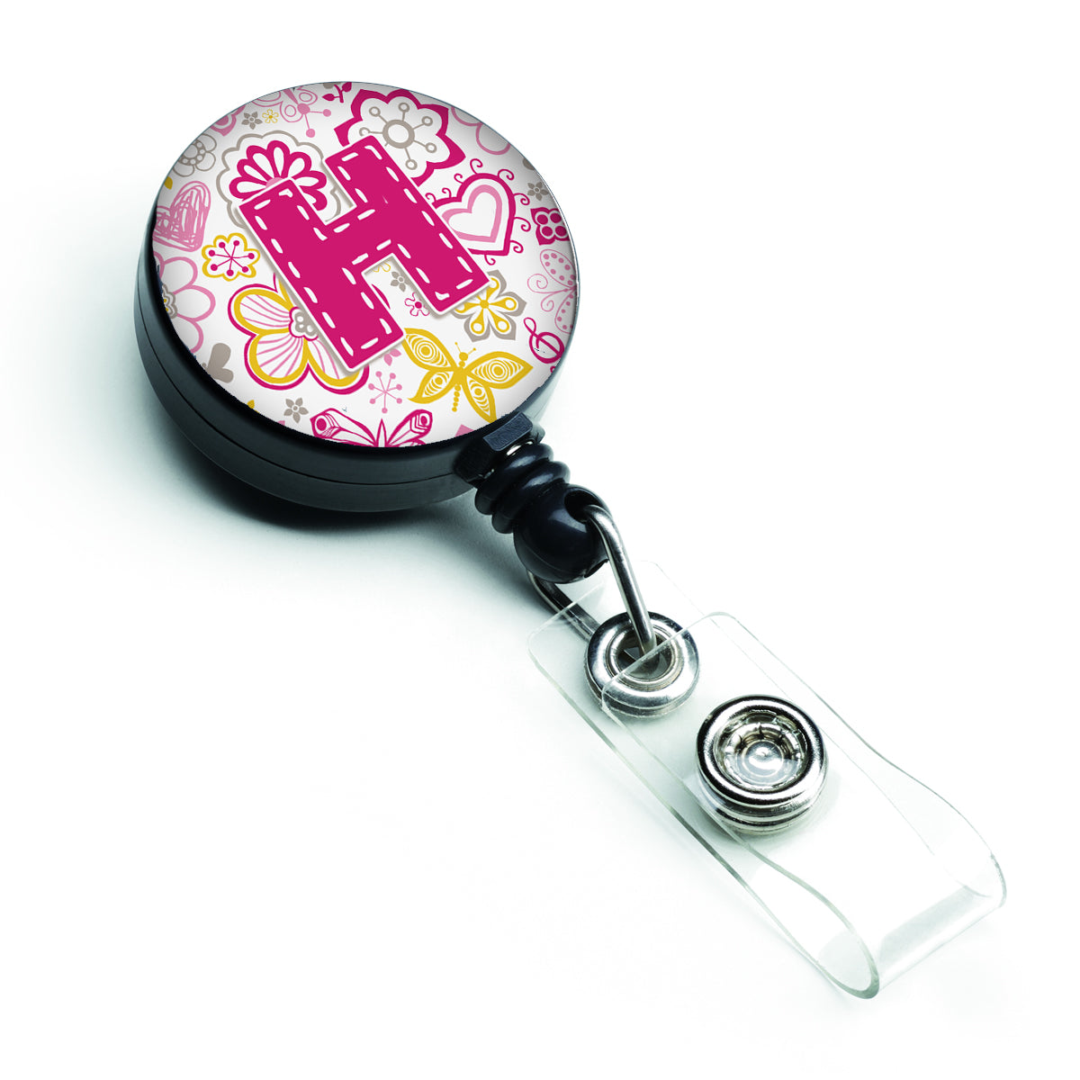 Letter H Flowers and Butterflies Pink Retractable Badge Reel CJ2005-HBR  the-store.com.