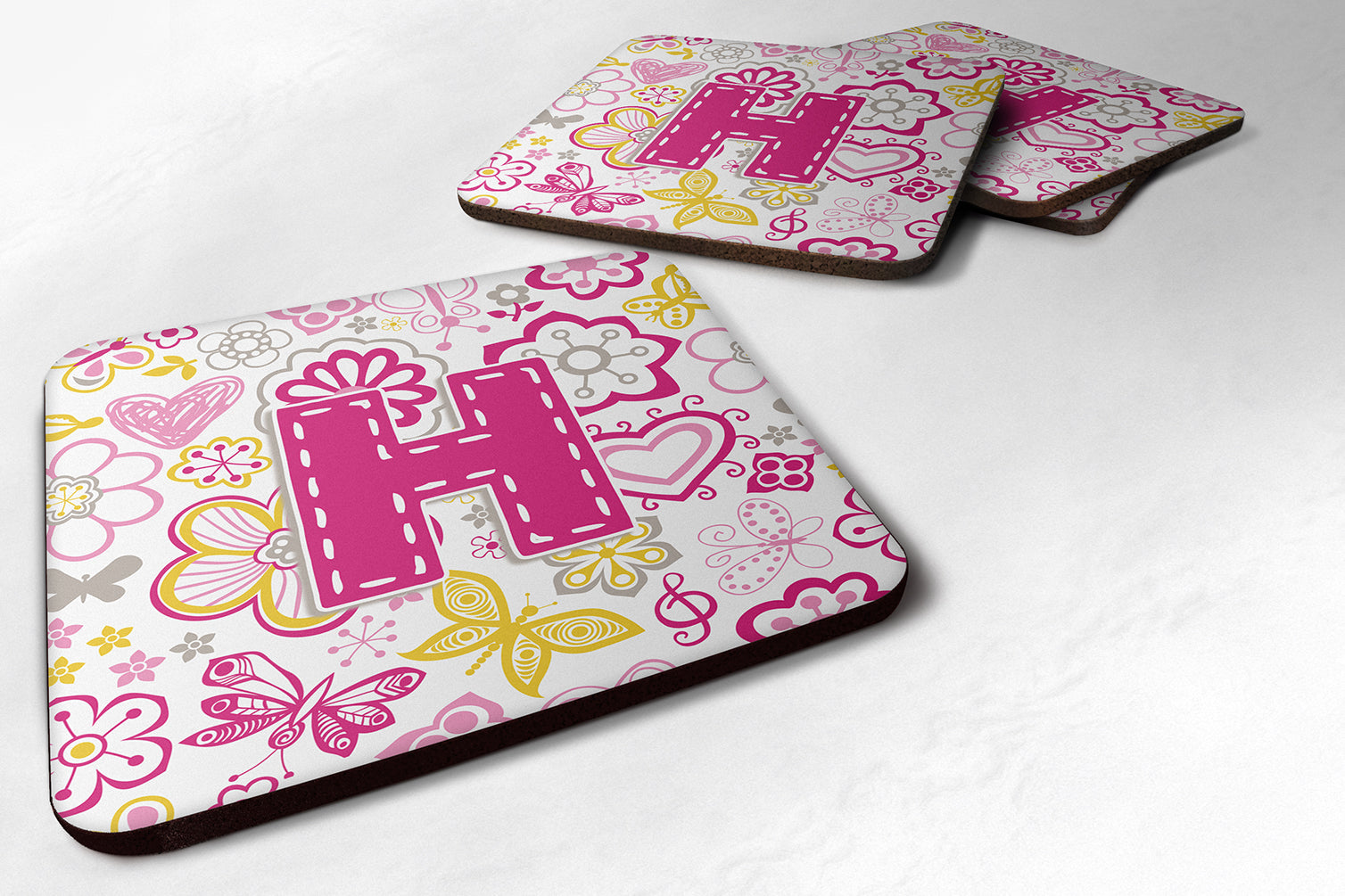 Set of 4 Letter H Flowers and Butterflies Pink Foam Coasters CJ2005-HFC - the-store.com