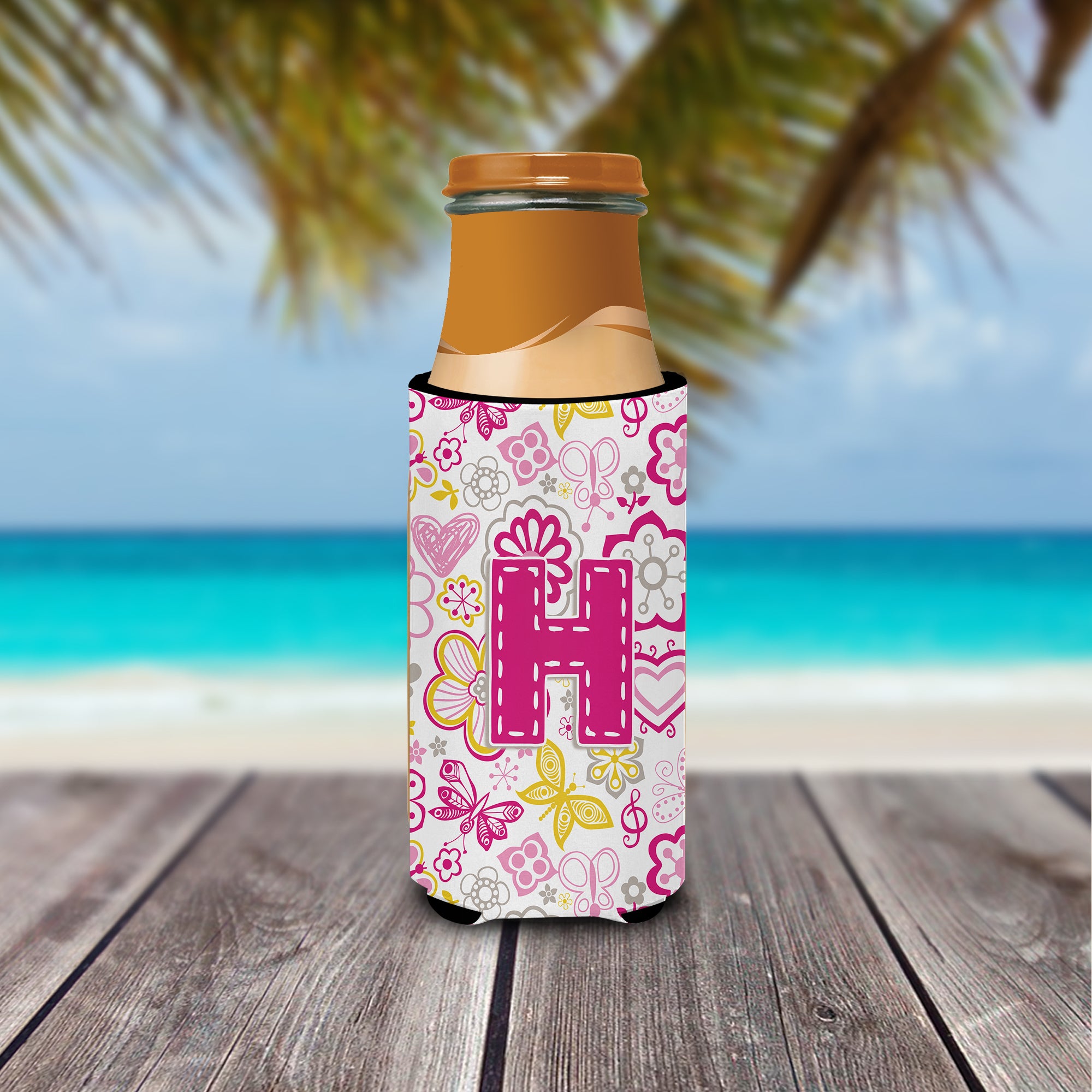 Letter H Flowers and Butterflies Pink Ultra Beverage Insulators for slim cans CJ2005-HMUK.