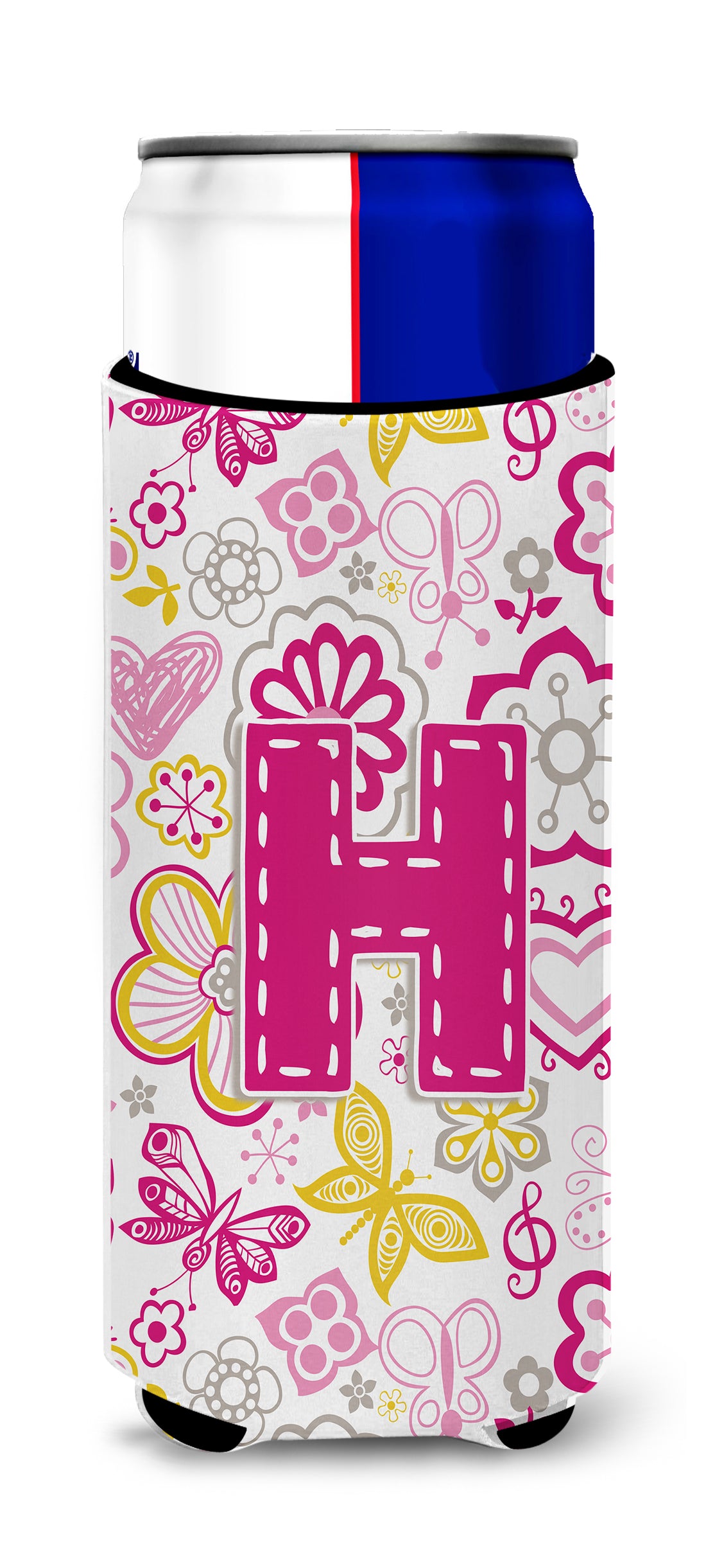 Letter H Flowers and Butterflies Pink Ultra Beverage Insulators for slim cans CJ2005-HMUK.